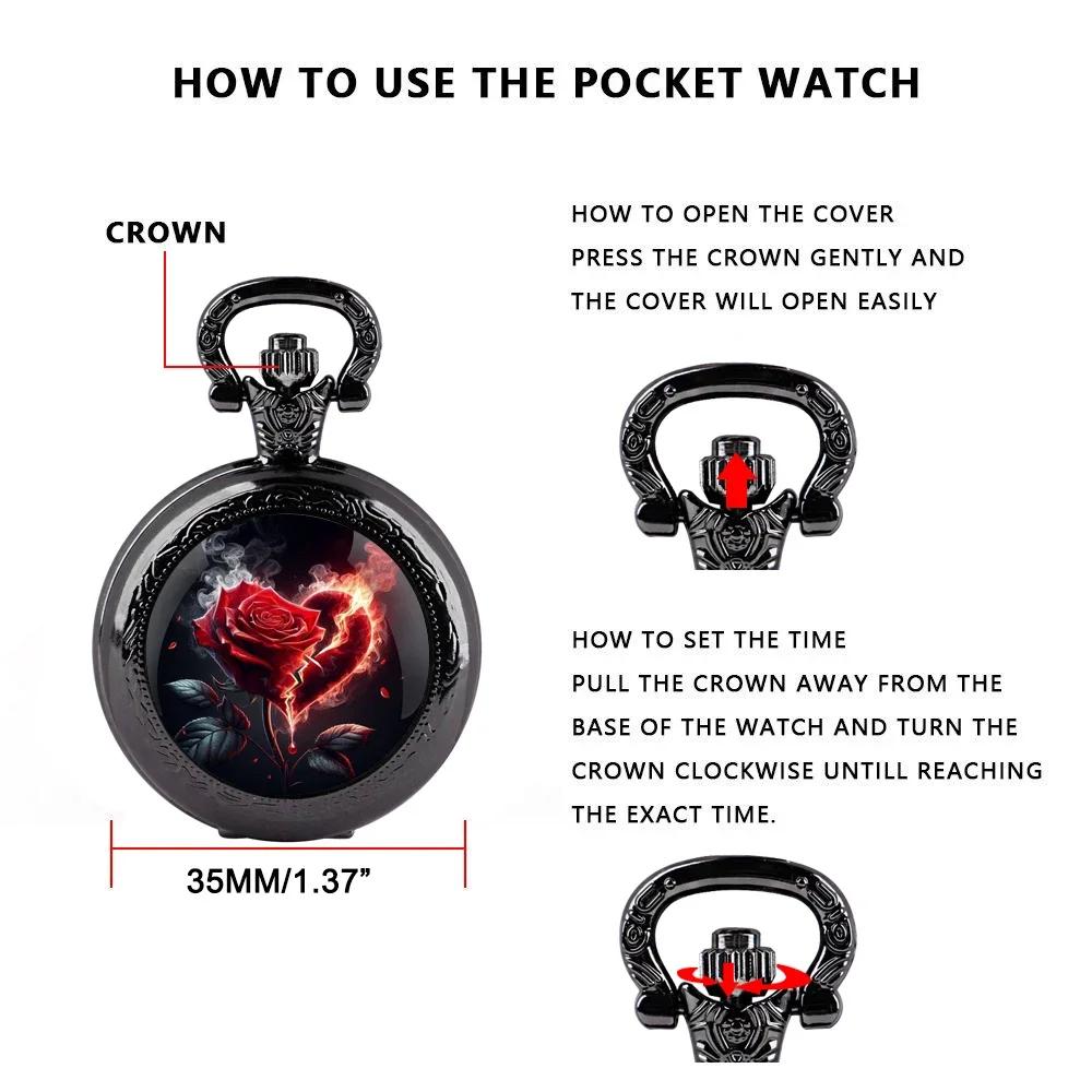 Stainless Steel Quartz Pocket Watch with Rose Heart Graphic Fashion Necklace Pendant Chain Personalised Jewelry for Men Women