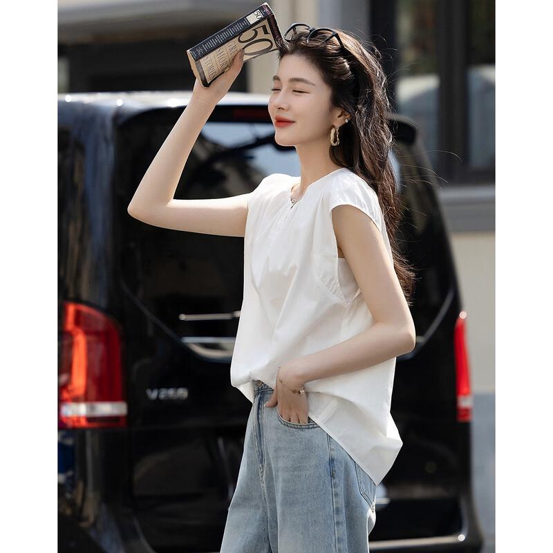 Women's Lightweight Cotton Poplin Split Neck Flutter Sleeve Blouse