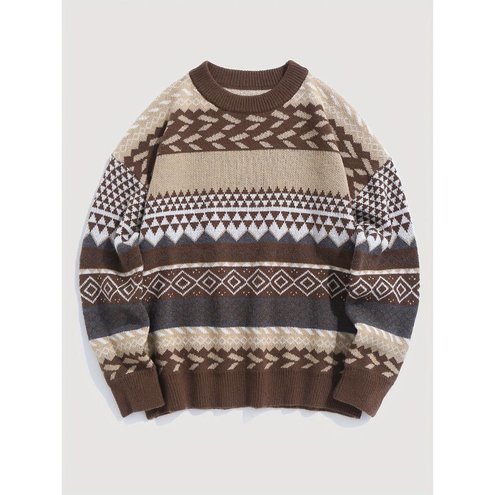 New Warm and Retro Knitted Sweater for Autumn and Winter, with A Round Neck and Contrasting Diamond-shaped Pattern, Is A Versatile Sweater for Women