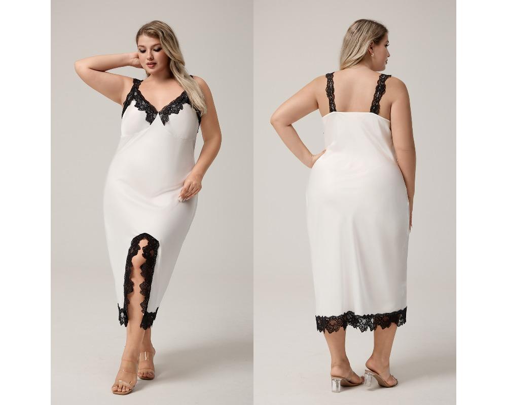 Large Satin Camisole Sleepwear Women's Summer Lace Sexy Slit Nightgown Long Home Outfit