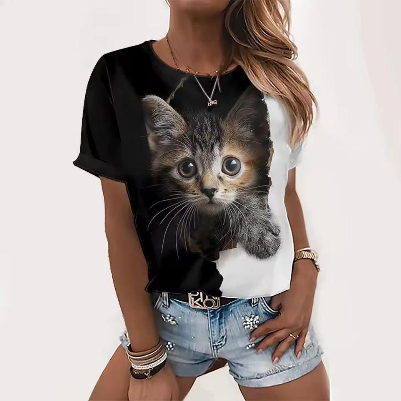 

Женская футболка с круглым вырезом Летняя повседневная модная футболка с коротким рукавом Принт 3D кошка животный узор Большой размер Женская одежда 6XL