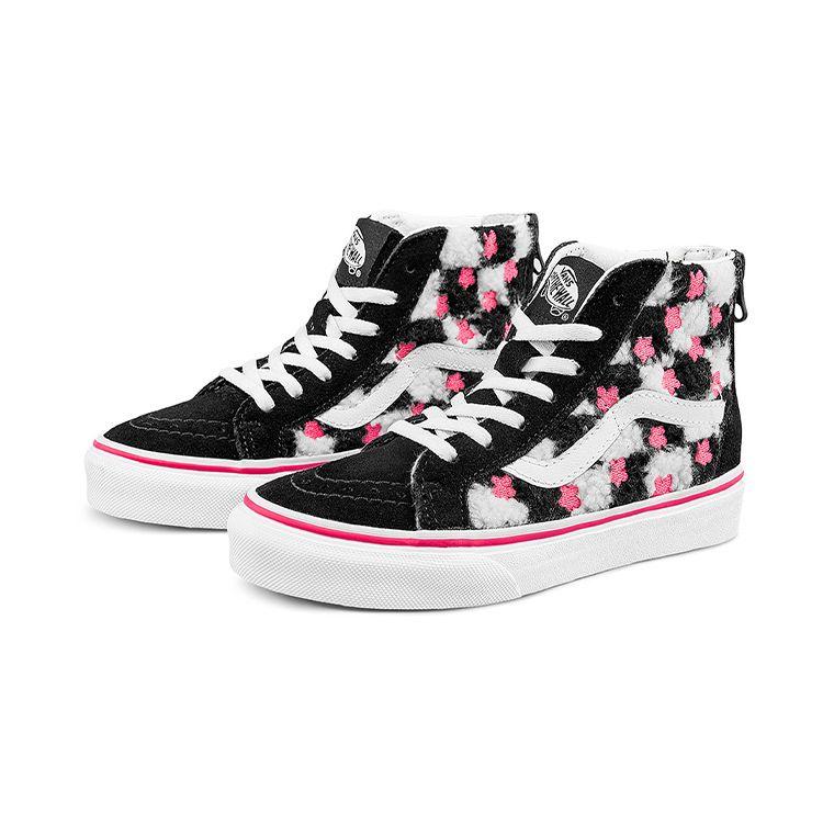 Vans Sk8 Plyšové Výšivka Květů Třešně Ležérní Odolné Lehké Vysoké Dětské Skate Boty Dětské Tenisky Černá Bílá VN000W9W8CE