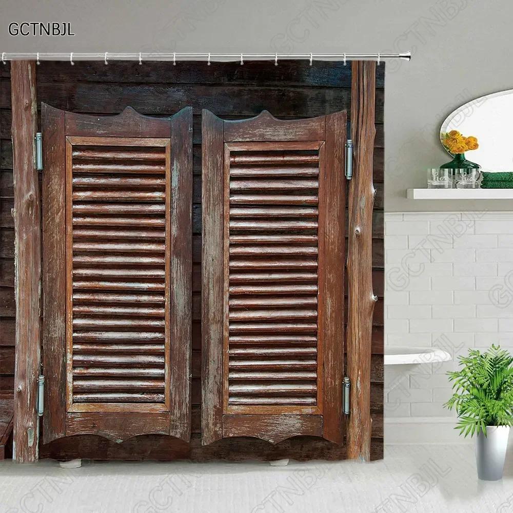 Retro Wood Doors Shower Curtain Set Rustic Old Vintage Barn Door Fabric Bathroom Curtains Farmhouse Bath Decor Bath Screens Hook