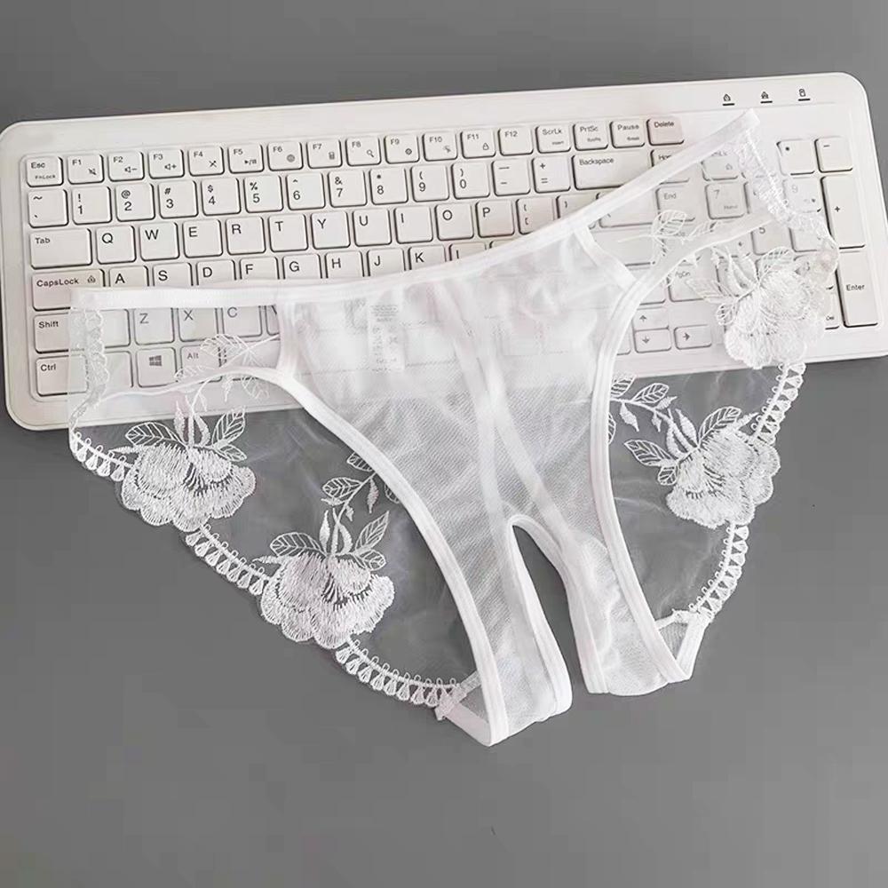Sexy Lingerie Women Panties Flower Embroidery Transparent Underwear Open Crotch Briefs Mesh Hollow Underpants