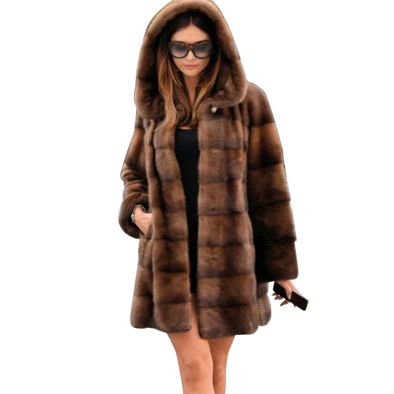 Women's Mid-Length Hooded Faux Fur Coat - Cross-border European & American Style, Mink Fleece Spliced Design, Commuting Wear.