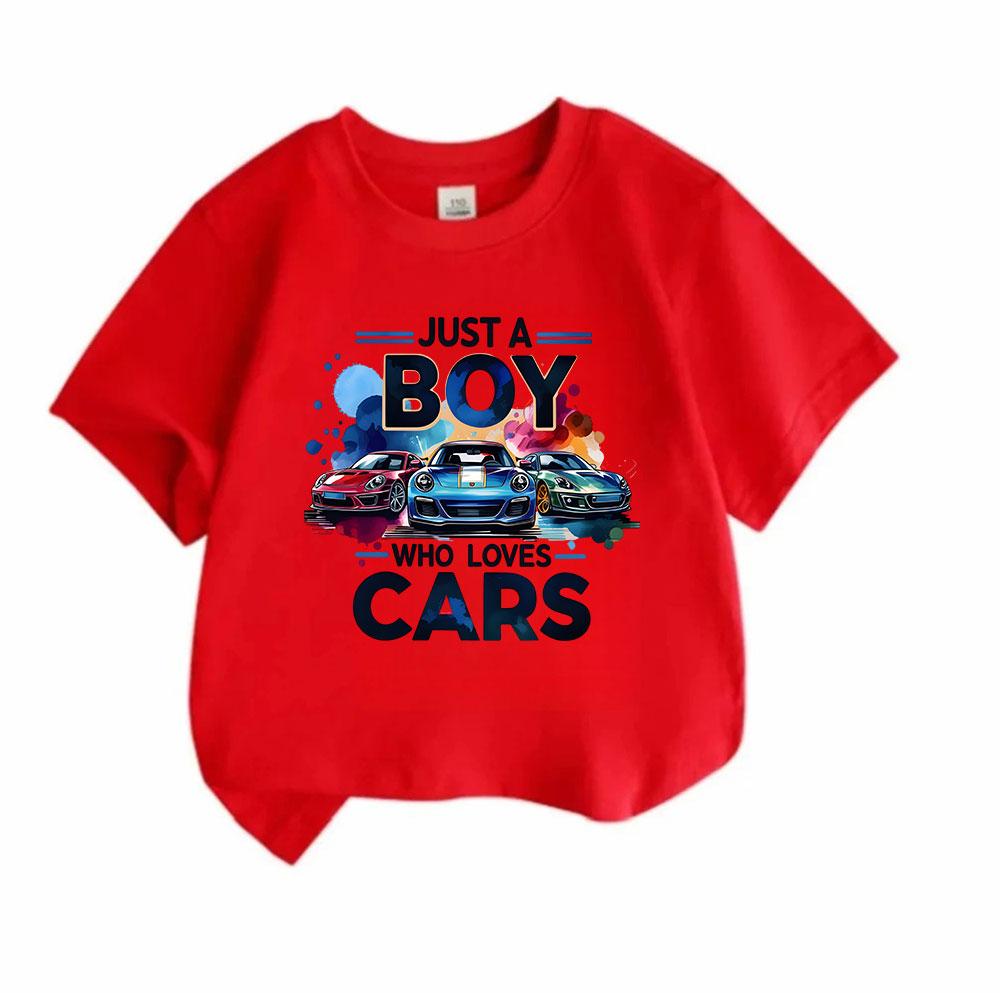 Cute Kids Boys Girls 100% Cotton Short Sleeve Crew Neck T-Shirt, Just A Boy Who Loves Cars Printed Casual Soft Tees For Children Racing Car Lover Gift
