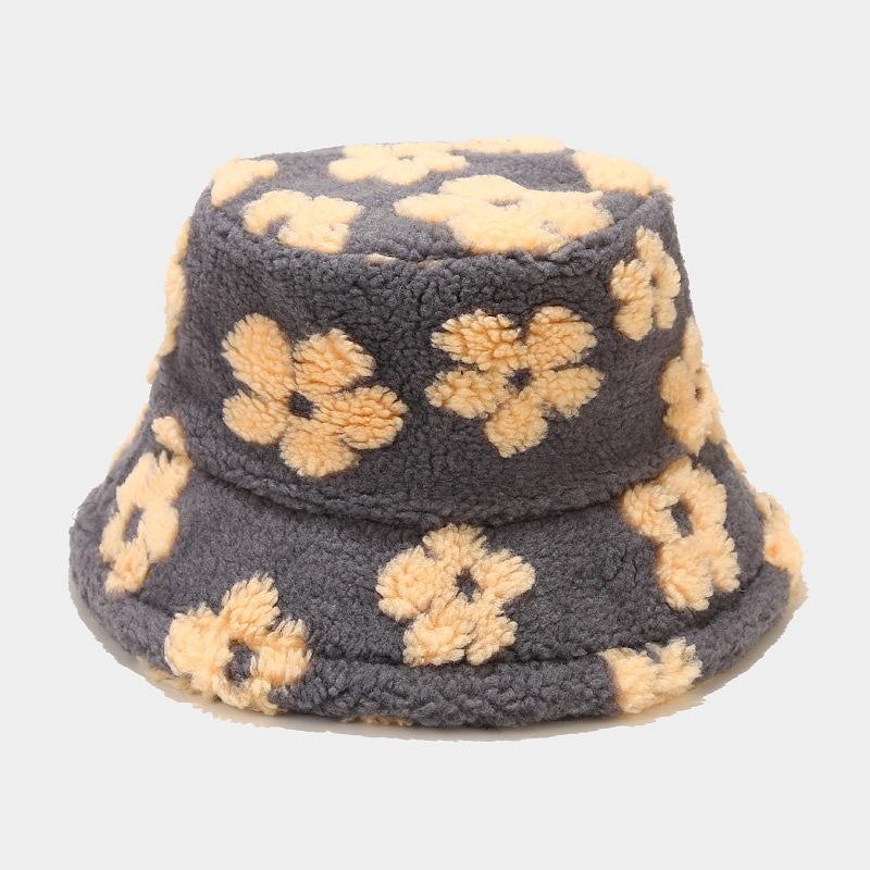 Korean style cute floral bucket hat for women - autumn/winter outdoor lambswool warm sun hat - casual travel hat M(56-58cm) серый