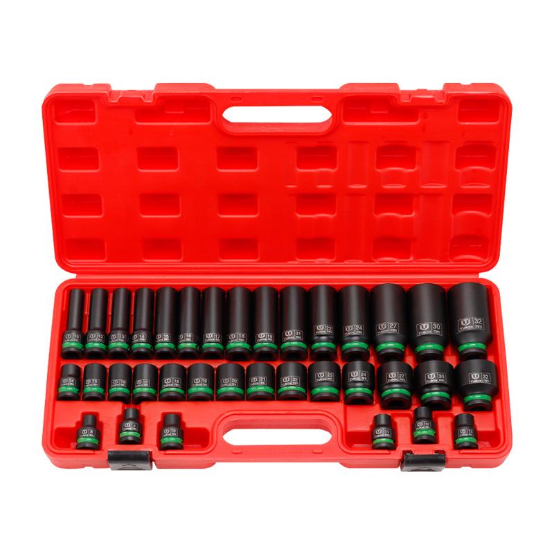 35-Piece Small Air Impact Wrench Set with Extended Hex Sockets (8-32), Long/Short Combination, Color Ring Head