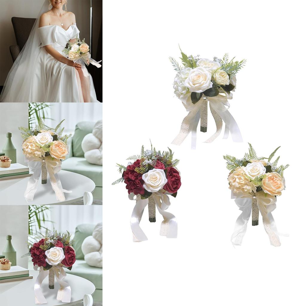 Wedding Bridal Bouquet Ribbon Bridesmaid Bouquet Fake Silk Rose Decor for Ceremony Anniversary Farmhouse Wedding Festival Church