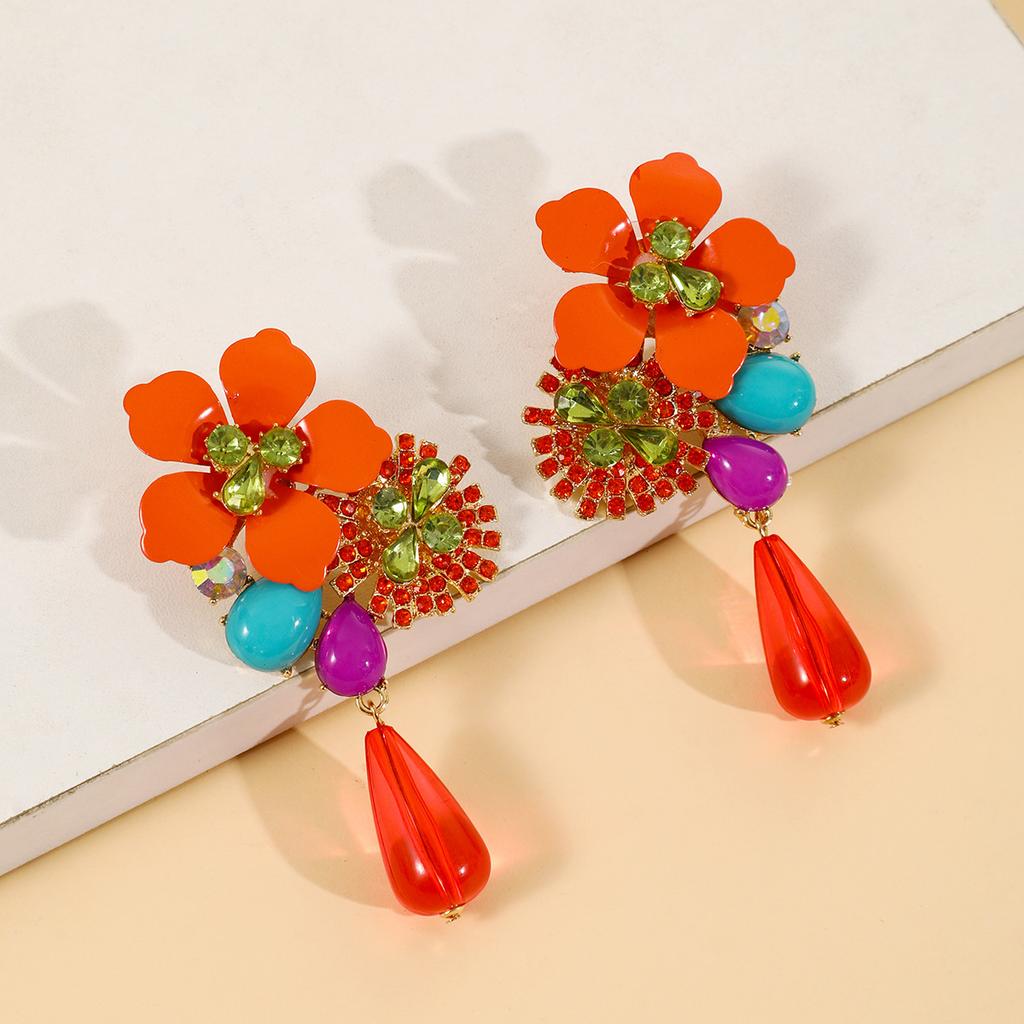 Resin Flower Retro Personality Exaggerated Versatile Water Drop Pendant Earrings