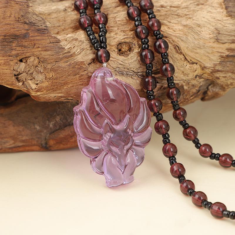 Medium Long Pink Crystal Nine-Tailed Fox Necklace with Green Chalcedony Jade Pendant