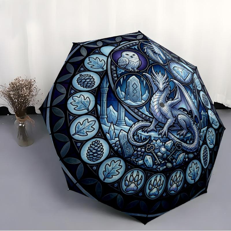 Winter Dragon Mandala Pattern Umbrella, Portable and Foldable Design, 8 Ribs, a Casual Accessory for Halloween, Christmas, and Birthday Gifts.