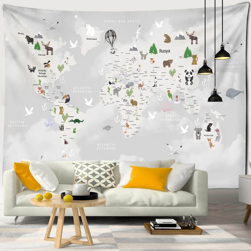 Cartoon Animals Distribution Map Tapestry Wall Hanging Simple Style Cute Hippie Children Kawaii Room Home Decor