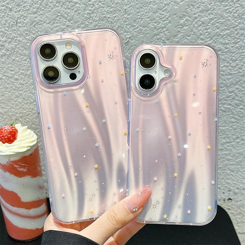 Luxury Gradient Pink Stars Laser Glitter Phone Case For iPhone 16 Pro Max 15 14 13 Pro Max Fashion Shockproof Bumper Cover