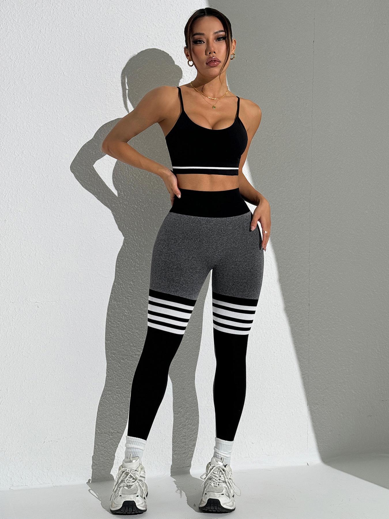 

Женский бесшовный спортивный бюстгальтер с высокой талией и комплект полосатых брюк для йоги M серый