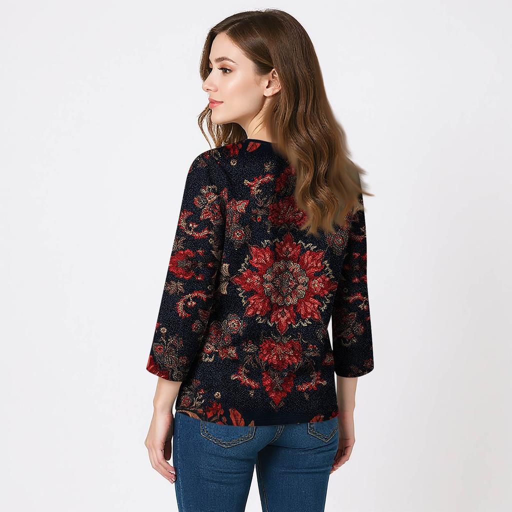 Women's 3/4 Sleeve Shirts V Neck Print Tops Casual Tops Basic Tees Blouse Loose Tops