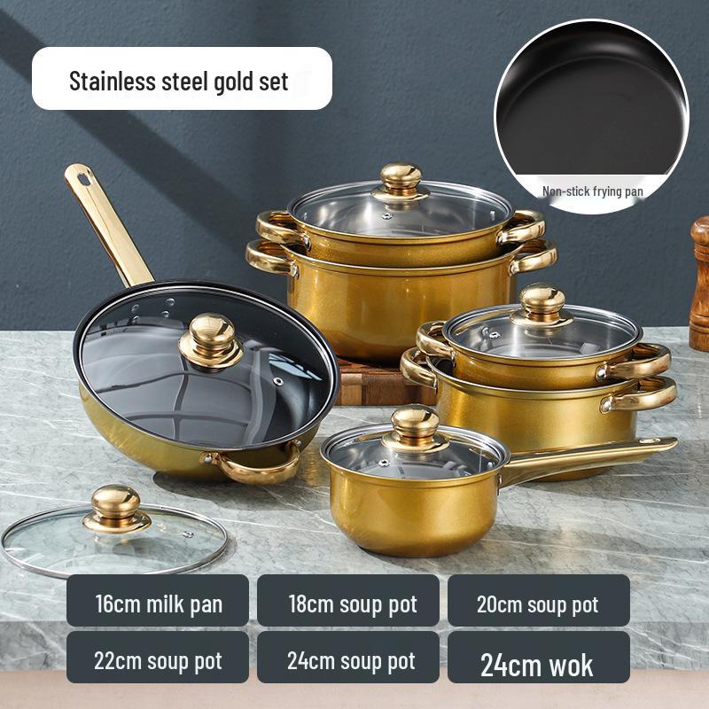 12dílná nepřilnavá sada nerezového nádobí se zlatě pokovenými rukojeťmi