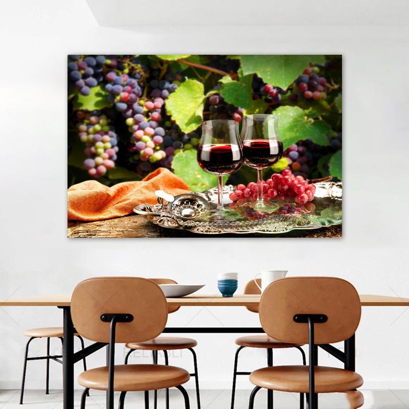 Wine Glass Bottle Posters and Prints Canvas Painting Wall Art Pictures for Dining Room Home Decor Grapes Wooden Barrel Cuadros