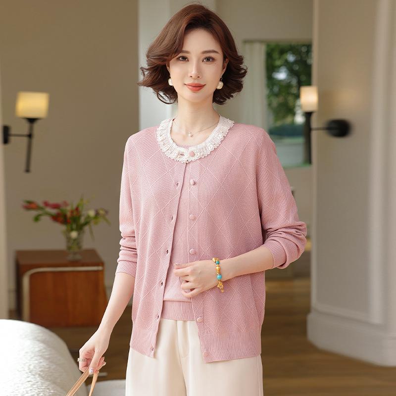 Spring Knit Two-Piece Set: Lightweight Cardigan and Short-Sleeved Top for Middle-Aged and Elderly Women