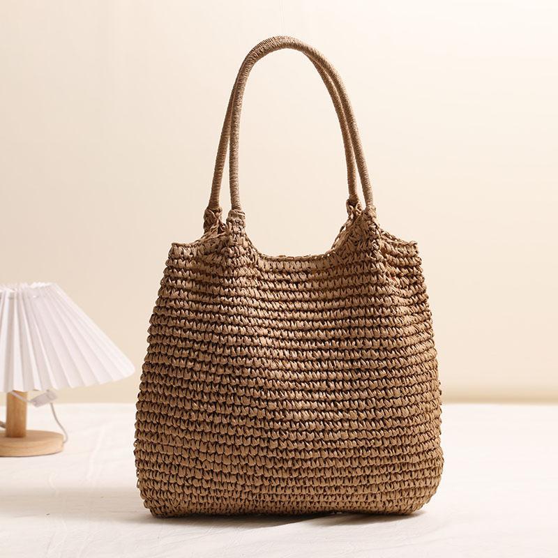 

Large Capacity Straw Bags Casual Weaving Shoulder Bag Beach Vacation Handbags Luxury Vintage Female Bags 31-36cm хаки