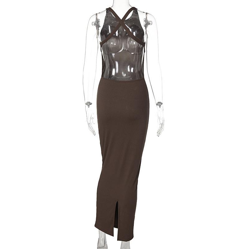 Summer New Sleeveless Backless Slim Fit Sexy Dress Women Elegant Solid Casual Party Club Long Dresses Women Vintage Fashion Knitted Ladies Dress 26529
