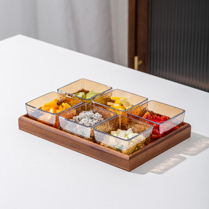 Amber Hammered Glass Divided Serving Set with Wood Tray