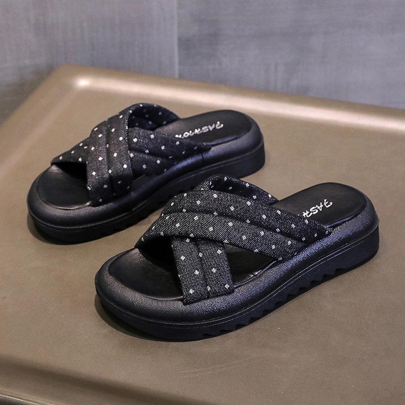 

2024 Лето Новые женские туфли Модные Cross Wave Point Удобные толстые подошвы Тапочки Обувь для женщин Zapatos De Mujer 35 чёрный