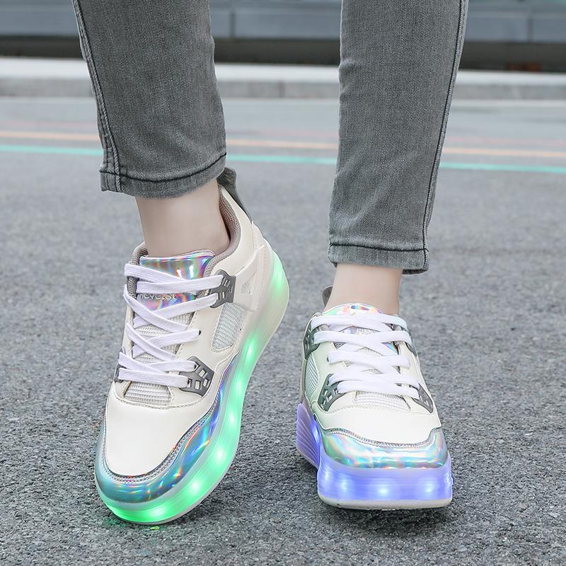 Pattini a rotelle per bambini, rimovibili, piatti, ricaricabili, LED, quattro ruote, scarpe sportive luminose, rosa, scarpe da ginnastica luminose da donna