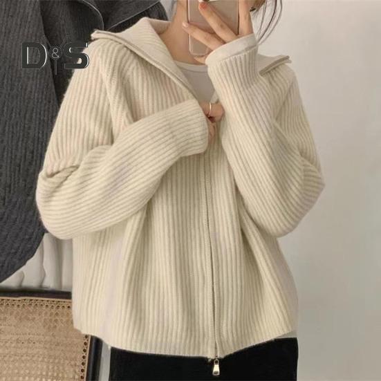Women Sweater Coat Solid Color Lapel Long Sleeve Double Zipper Fly Design Knitting Coat Casual Commuting Style Outwear