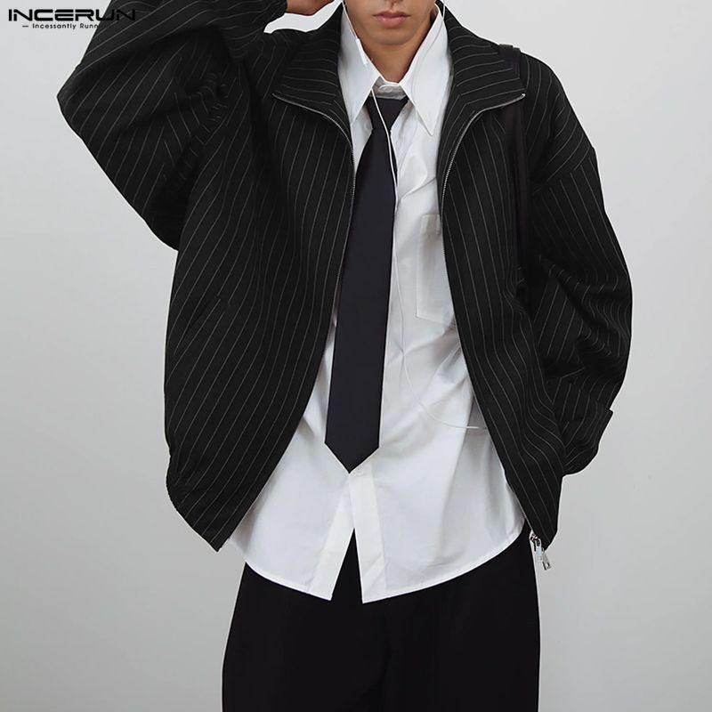 INCERUN Men Lapel Neck Long Sleeve Striped Casual Zip-up Thin Jackets Coats