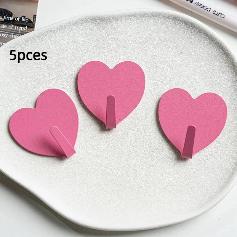 5Pcs Self Adhesive Wall Clothes Towels Hanger Pink Heart Shape Hook Stainless Steel Sticky Key Hooks Child Cute Room Decor Hook