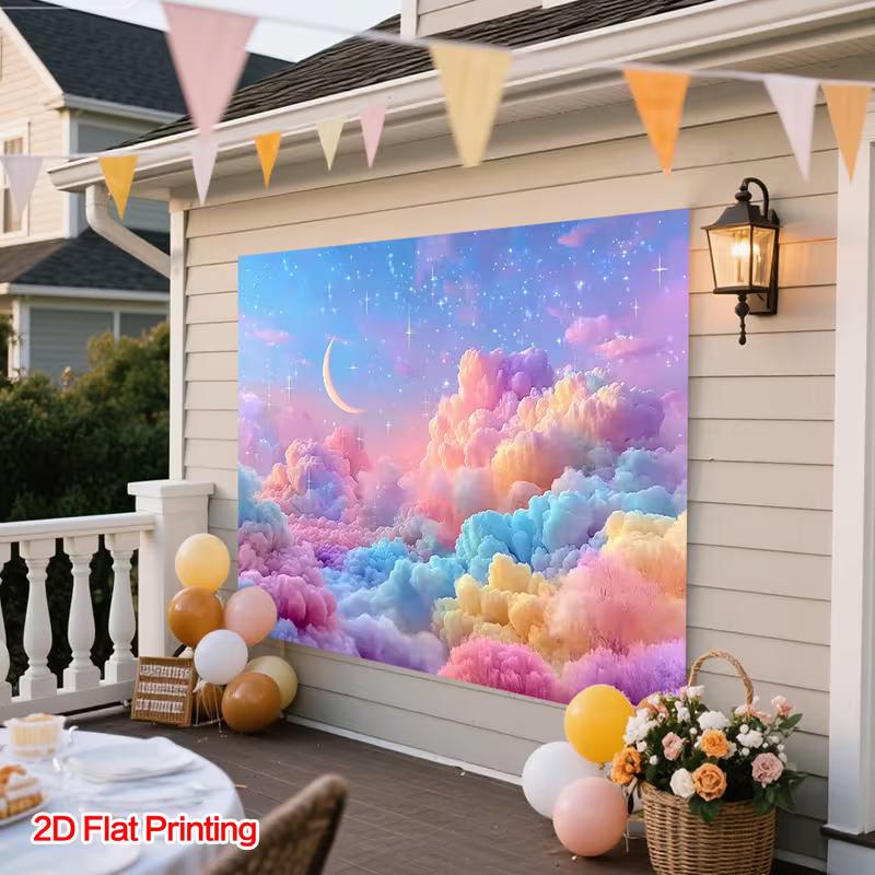 2D Flat Rainbow Cloud Sky Banner Magical Moon Star Backdrop for Kids Party & Photoshoot