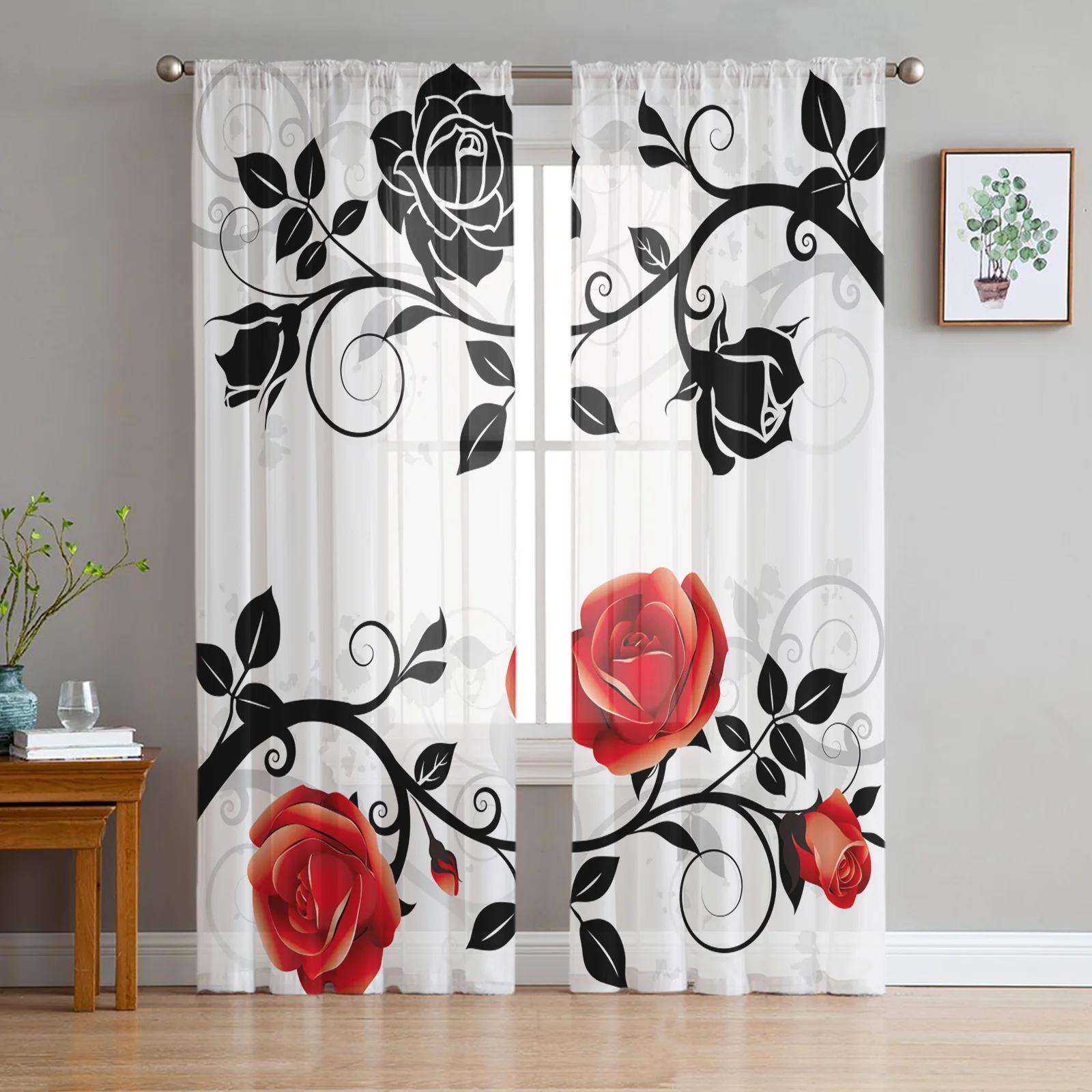 

Pink Rose Flower Bouquet White Tulle Sheer Curtains for Living Room Ornamentation Window Curtain Ideal for Bedroom Sheer Fabric Organza Drapes W135 x H115cm x1&Rod Pocket