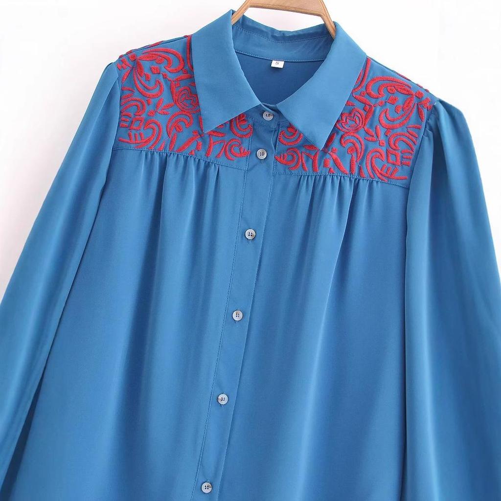 2024 Autumn Women's European & American Style Red Embroidered Denim Shirt