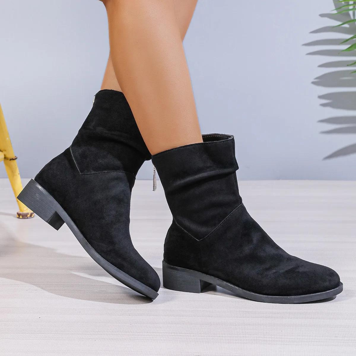 

Fashion Woman Suede Ankle Boots Autumn New Fashion Thick Heels Back Zipper Boot Woman Design Chunky Heel Pointy Short Botas Plus Size 43 43 чёрный