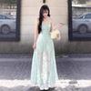 Seaside vacation wind green suspender dress women's summer temperament mesh stitching waist thin a-word skirt long dress