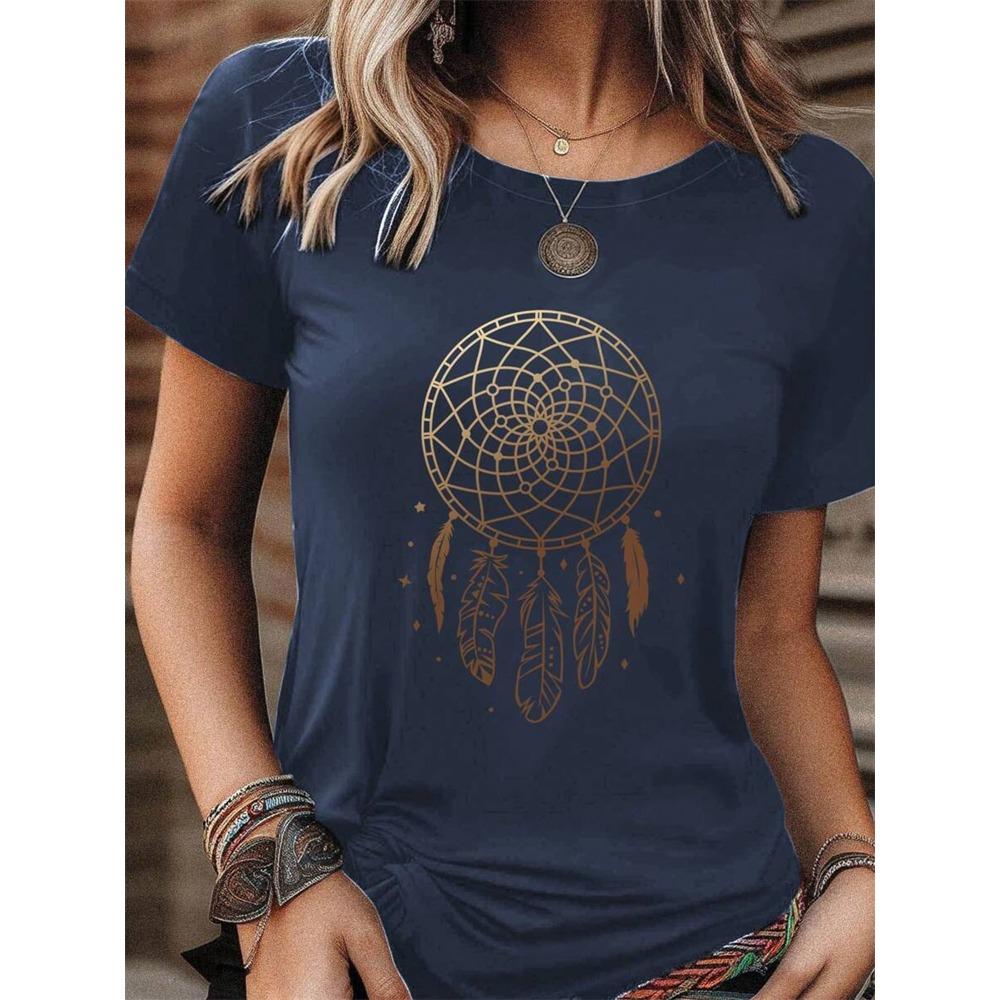 Traumfänger Aufdruck Damen O-Ausschnitt T-Shirt Sommer Täglich Lässig Damen Kurzarm Top Outdoor Street Damenmode T-Shirt