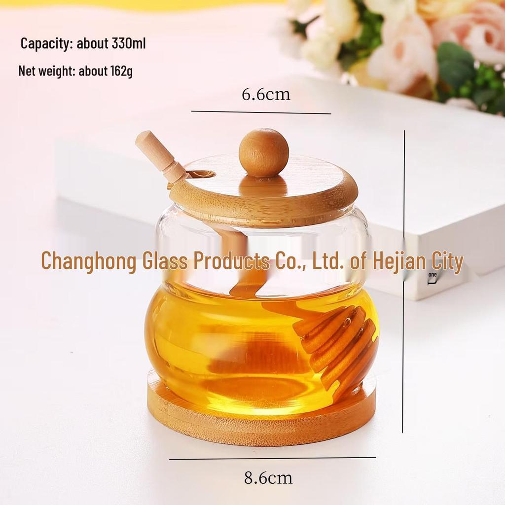 High Borosilicate Glass Honey Jar with Lid and Stirrer - Kitchen Storage Jar