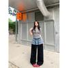 American Retro Splicing Jeans Women's High Waist and Thin Drape Pants Design Sense Niche Drawstring Wide Leg Pants Tide