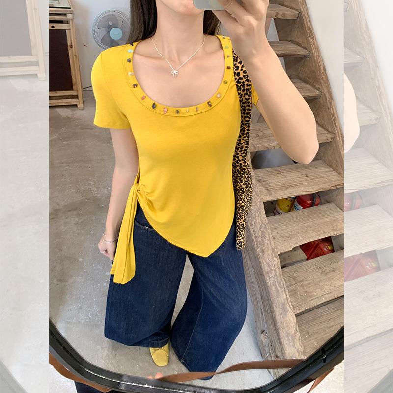 Super fire unique irregular hem yellow top women's summer pleated straps waist pinch waist thin short sleeves