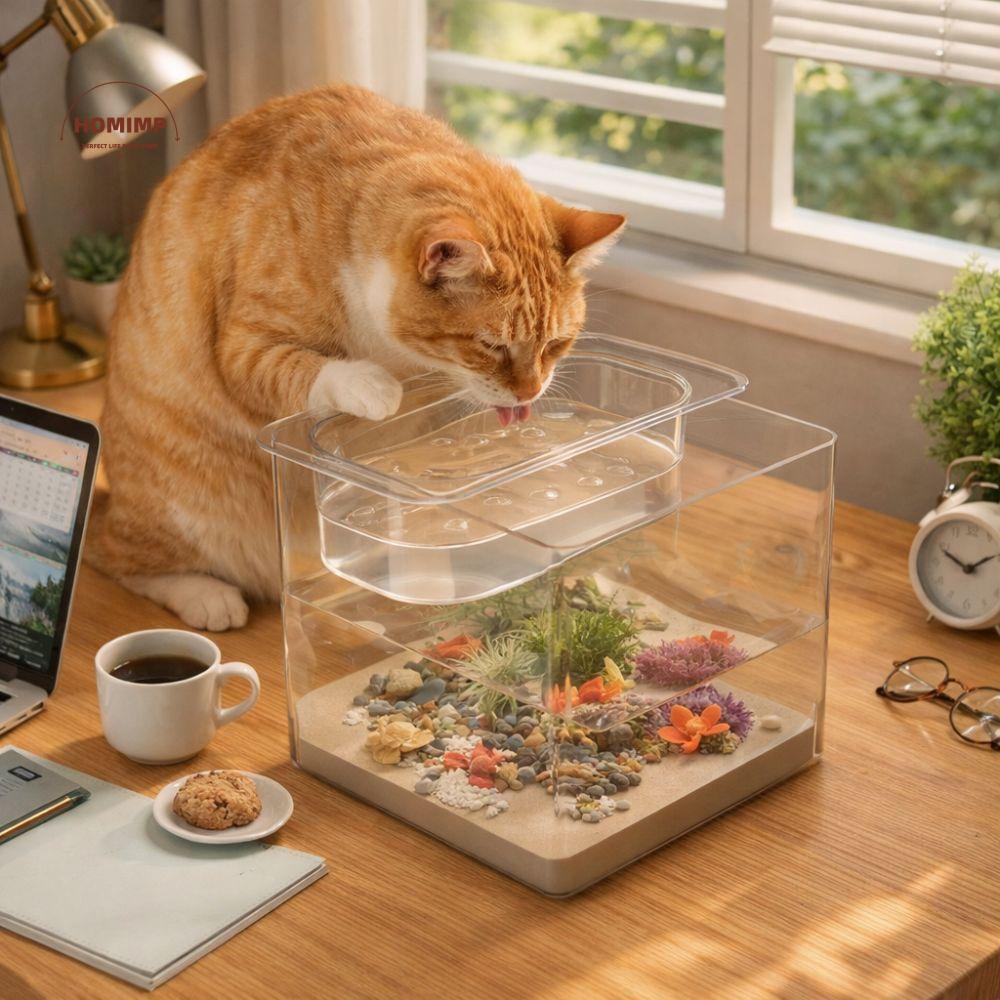 Creative Transparent Double-layer Fish Tank Cube Shatterproof Cat Water Bowl Plastic Goldfish Tanks Landscape Ecological