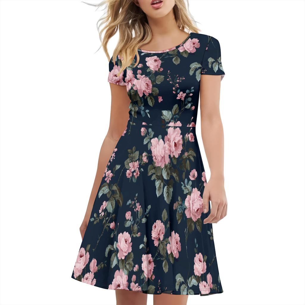 Summer Dress for Women 2025 Casual T-shirt Crewneck Petal Sleeve Swing Vacation Dress