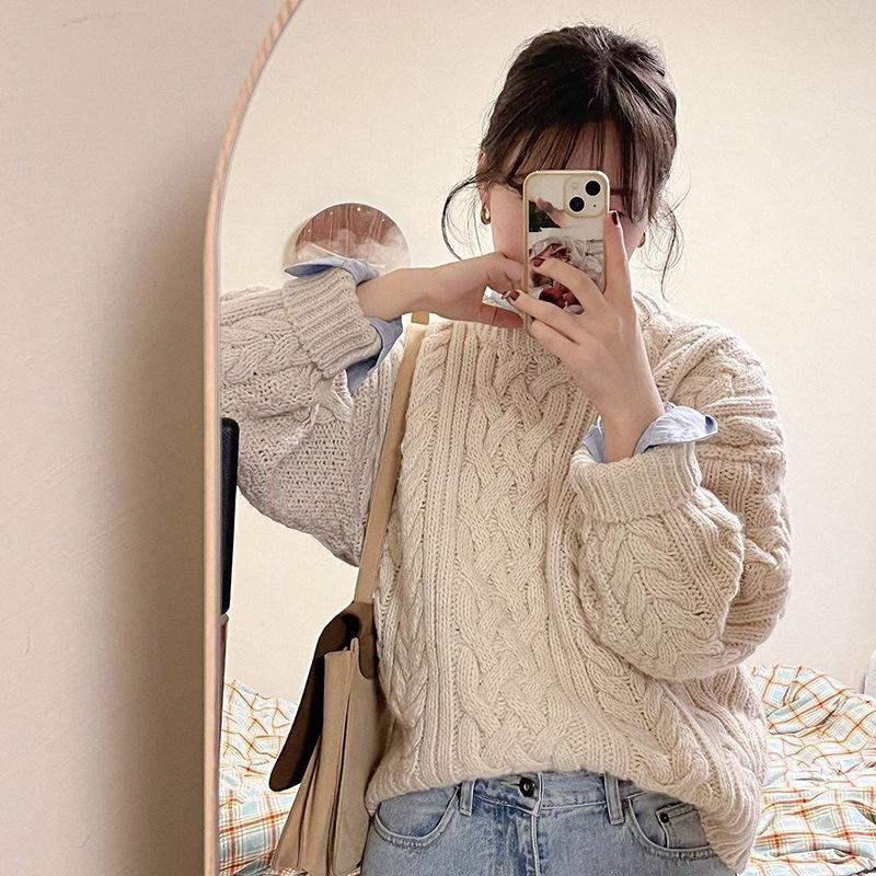 Восемь молочных кос мягкий восковой свитер женский свободный пуловер с высокой текстурой вязаный свитер average size