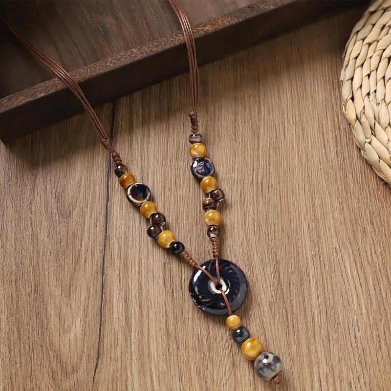 Retro Ceramic Beaded Necklace for Women, Handmade Long Sweater Chain, Ethnic Vintage Chinese Style Jewelry