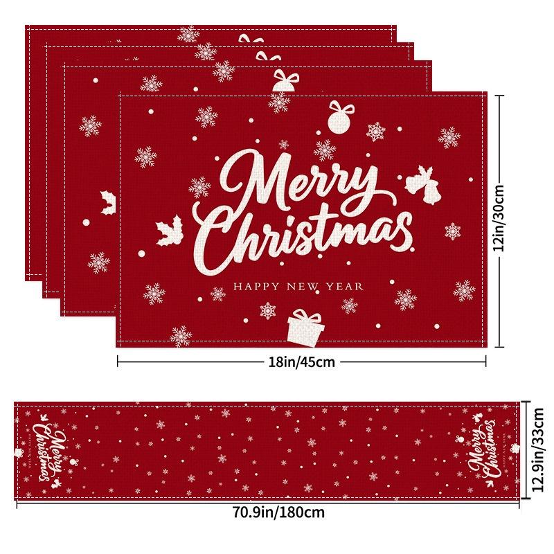 5Pcs Christmas Buffalo Plaid Placemats And Table Runner Set Cute Snowman Print Heat Resistant For Christmas Decoration