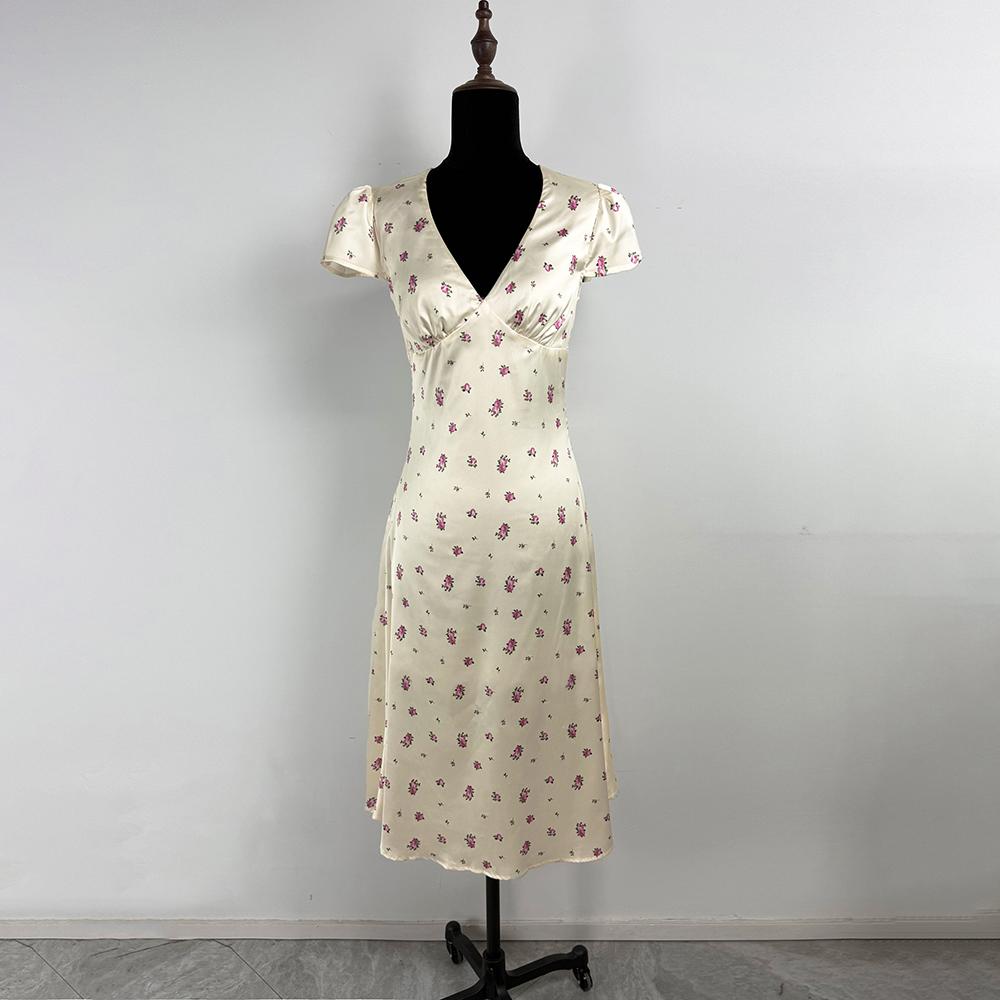 Floral Print Long Dress Women's Sexy V Neck Short Sleeve High Waist Dress Female Fashion Casual Vacation Slim Dresses