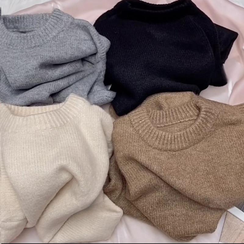 Fashion Solid Long Sleeve Women's Sweaters Autumn and Winter Retro Pullovers Knitted Sweater Ladies Elegant Round Neck Soft Warm Jumpers Tops 25563