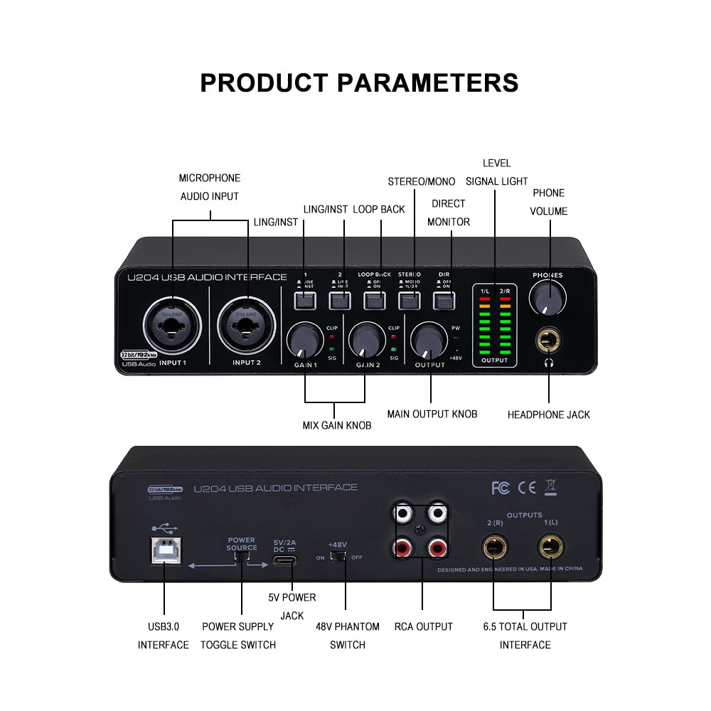 BOMGE U204 USB Audio Interface for PC Computer Music Recording, 2x2 Guitar Audio Interface for Mac, 32-bit/192kHz, Podcast Streaming, Vocalist/Produce
