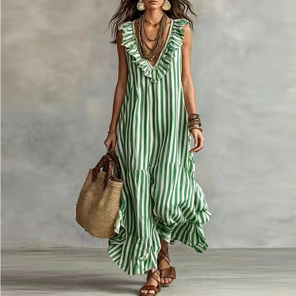 Women's Bohemian Striped Maxi Dress with Ruffle V-Neck Sleeveless Loose Fit for Vacation Travel