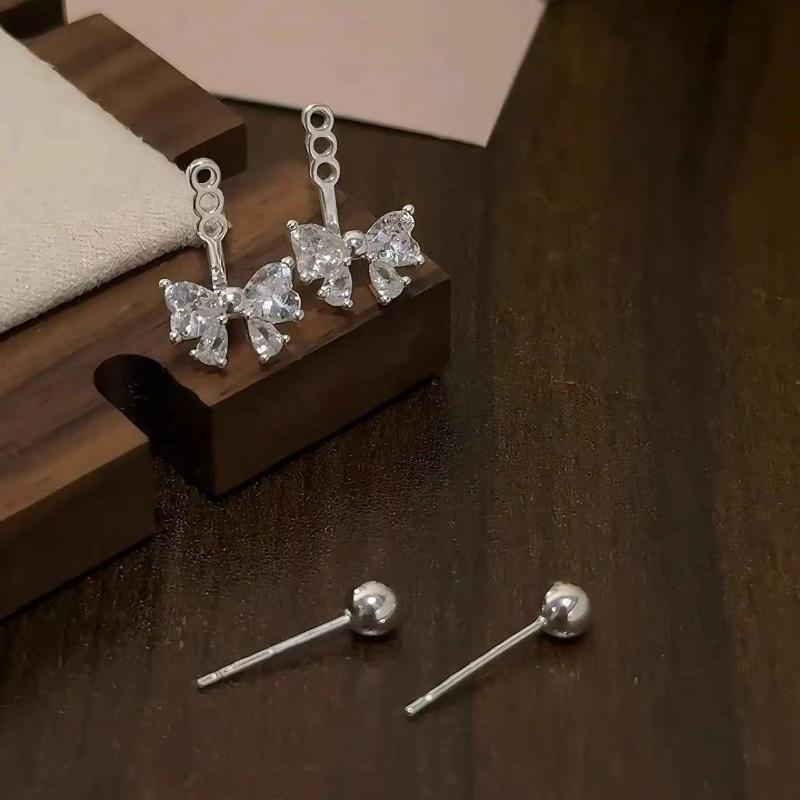 Silver Color Zircon Bowknot Stud Earrings For Women Minimalist Cute Fashion Jewelry Detachable Accessories